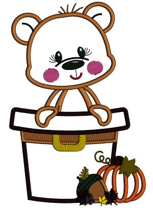 Bear Sitting Inside a Hat Thanksgiving Applique Machine Embroidery Design Digitized Pattern