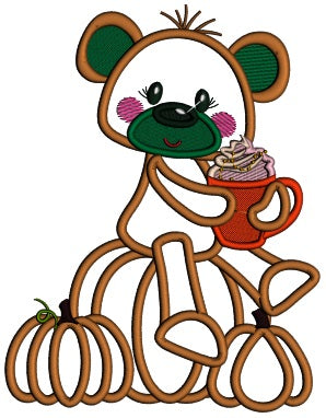 Bear Sitting On The Pumpkin Drinking Coco Halloween Applique Machine Embroidery Design Digitized Pattern