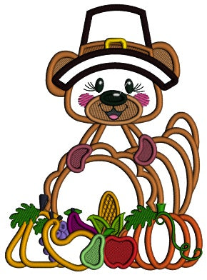 Bear Wearing Big Thankgiving Hat With Carnocopia of Fruits And Vegatables Applique Machine Embroidery Design Digitized Pattern