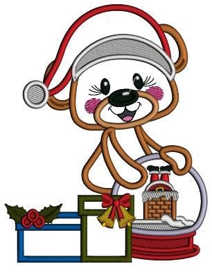 Bear Wearing Christmas Hat With a Globe Applique Machine Embroidery Design Digitized Pattern