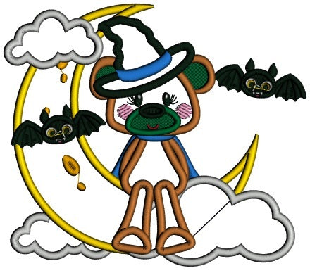 Bear Wearing Witch Hat SItting On The Moon Halloween Applique Machine Embroidery Design Digitized Pattern