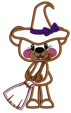 Bear Witch With a Broom Halloween Applique Machine Embroidery Design Digitized Pattern