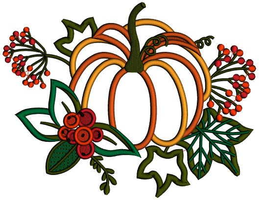 Beautiful Pumpkin With Leaves Fall Thanksgiving Applique Machine Embroidery Design Digitized Pattern