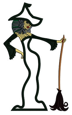 Beautiful Witch With a Broom Halloween Applique Machine Embroidery Design Digitized Pattern