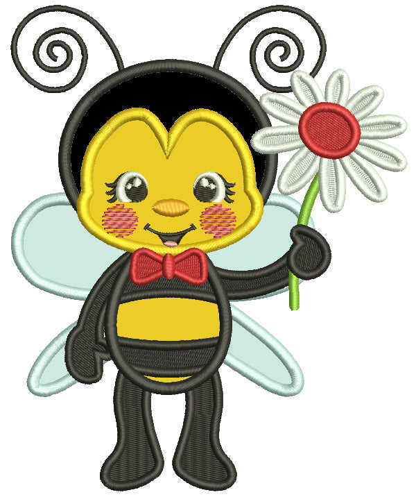 Bee Boy Holding Daisy Valentine's Day Applique Machine Embroidery Design Digitized Pattern