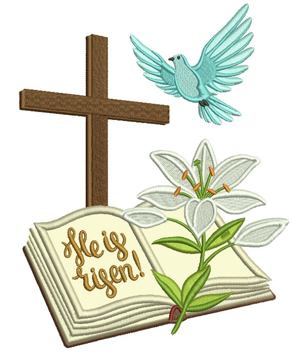 Bible and a Cross He Is Risen Religious Applique Machine Embroidery Design Digitized Pattern