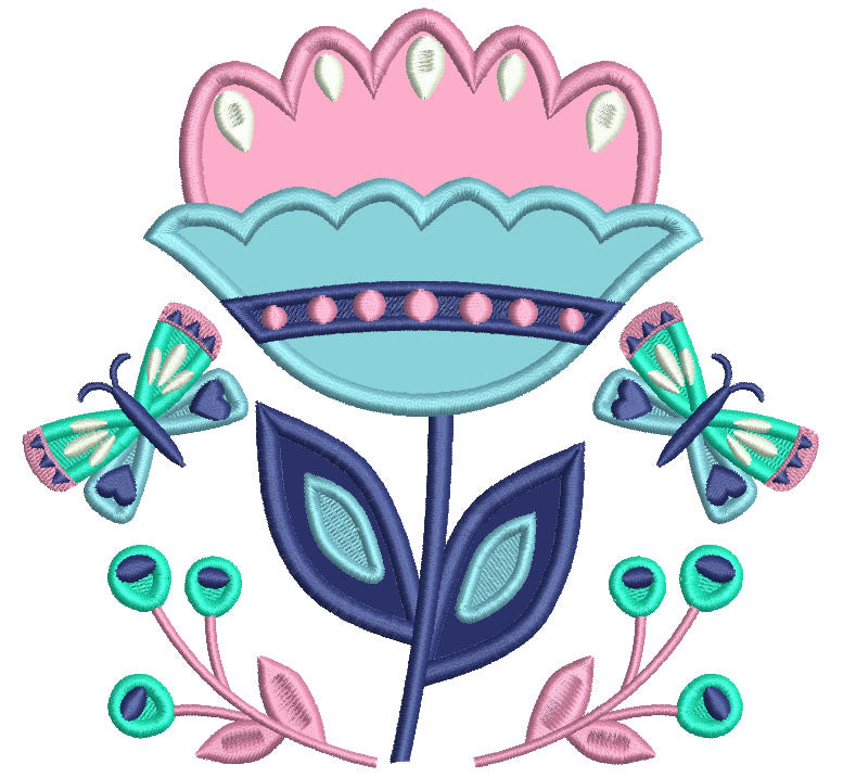 Big Flower And Butterflies Applique Machine Embroidery Design Digitized Pattern