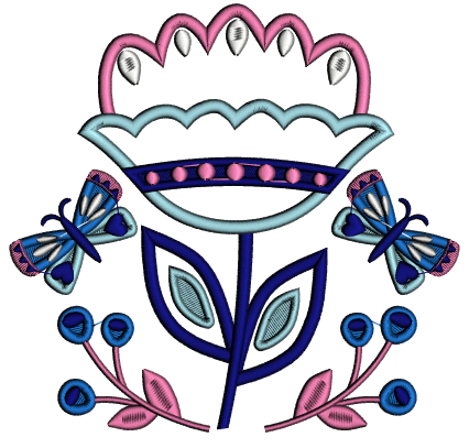 Big Flower And Butterflies Applique Machine Embroidery Design Digitized Pattern