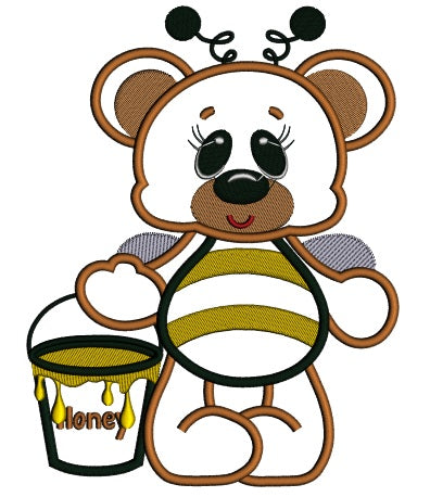 Big Smile Bear Bumblebee with Honey Applique Machine Embroidery Digitized Design Pattern