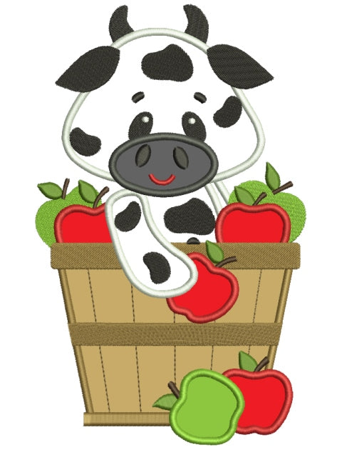 Big Smile Cow in the bucket with Apples Applique Machine Embroidery Digitized Design Pattern