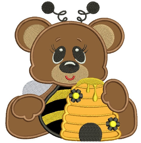 Big Smile Sitting Bear Bumblebee with Honey Applique Machine Embroidery Digitized Design Pattern