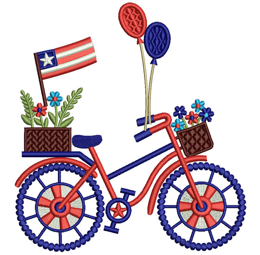Bike With American Flag Balloons And FLowers Patriotic 4th Of July Independence Day Filled Machine Embroidery Design Digitized Pattern