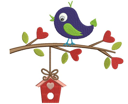 Bird on a Branch With a Tree House Filled Machine Embroidery Digitized Design Pattern
