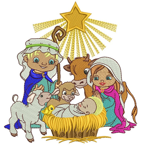 Nativity Scene Birth Of Christ Holly Night Christmas Filled Machine Embroidery Design Digitized Pattern