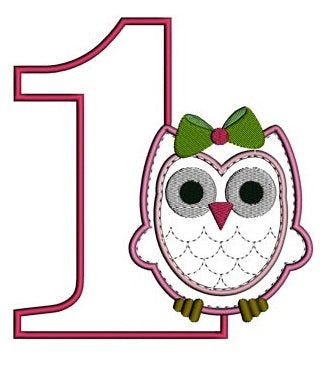 Birthday Baby Owl Number 1 (One) Applique Machine Embroidery Digitized Design Pattern - Instant Download -three sizes 4x4 , 5x7, 6x10 hoops