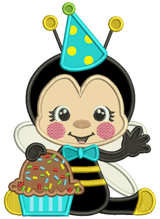 Birthday Bee Holding Cupckake Applique Machine Embroidery Design Digitized Pattern