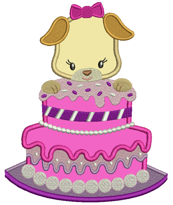 Birthday Cake With a Puppy Applique Machine Embroidery Design Digitized Pattern
