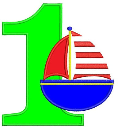 Birthday Number One (1) Little Boat Machine Embroidery Applique Design Digitized Pattern - Instant Download - 4x4 , 5x7, and 6x10 hoops