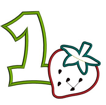Birthday Strawberry Number 1 Applique (1st birthday) Machine Embroidery Design Pattern- Instant Download - 4x4 , 5x7, and 6x10 hoops