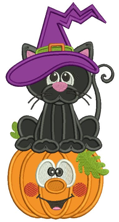 Black Cat Sitting on a Pumpkin Wearing Witch Hat Halloween Applique Machine Embroidery Design Digitized Pattern