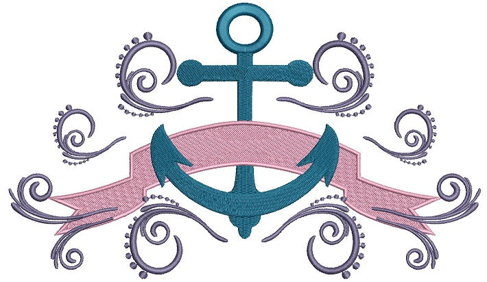 Boat Anchor with a Fancy Banner Filled Machine Embroidery Digitized Design Pattern