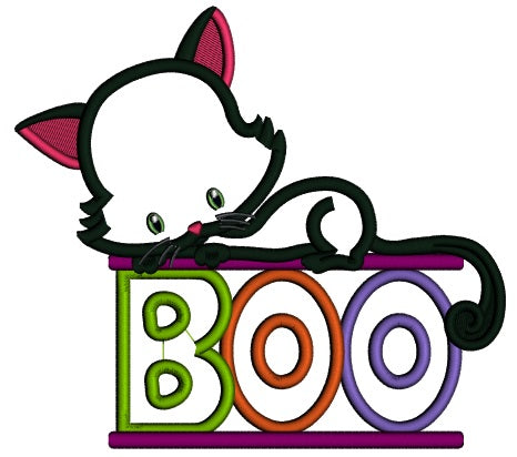 Boo Little Cute Black Cat Applique Halloween Machine Embroidery Design Digitized Pattern