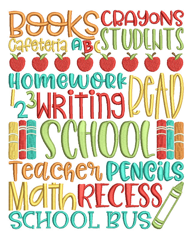 Books Crayons Cafeteria Students School Filled Machine Embroidery Design Digitized Pattern