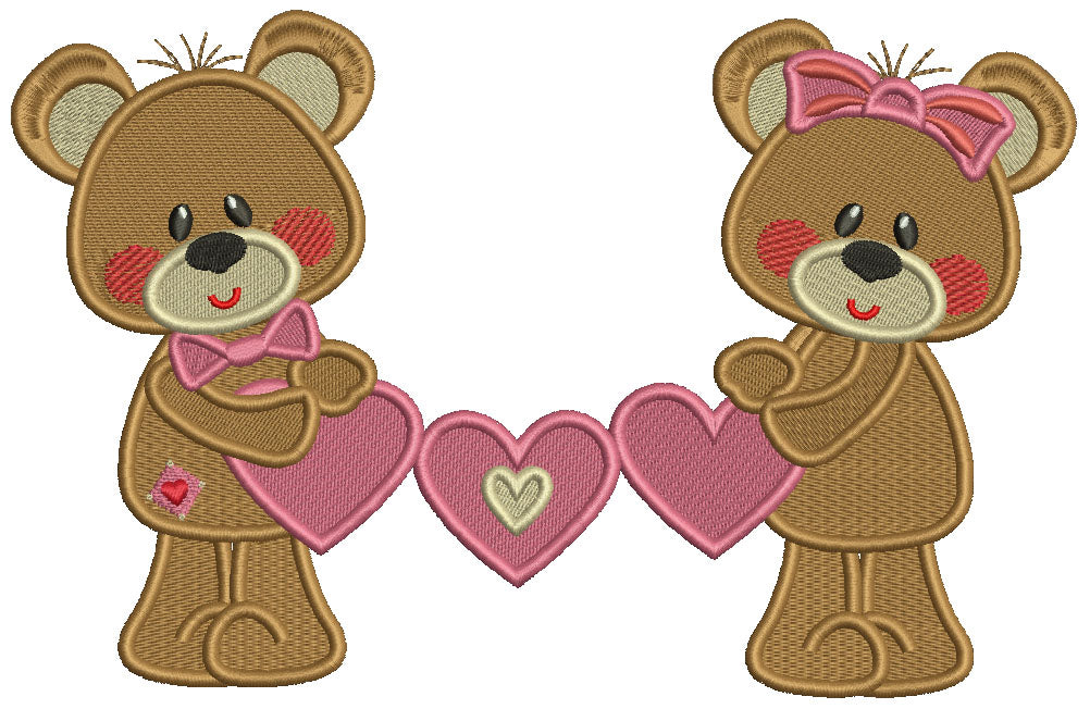 Boy And Girl Bears Holding Hearts Valentine's Day Filled Machine Embroidery Design Digitized Pattern