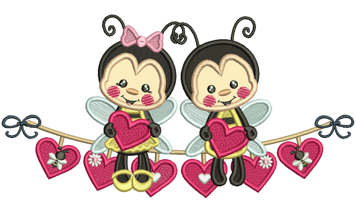 Boy And Girl Bees Holding Hearts Valentine's Day Applique Machine Embroidery Design Digitized Pattern