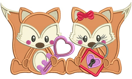 Boy And Girl Fox Holding a Lock and a Key Applique Machine Embroidery Design Digitized Pattern