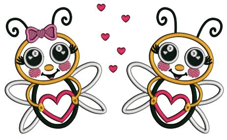 Boy And a Girl Bee Holding Hearts Valentine's Day Applique Machine Embroidery Design Digitized Pattern