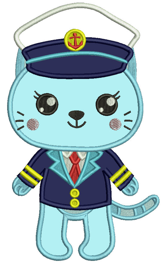 Boy Cat Captain With Anchor Marine Applique Machine Embroidery Design Digitized Pattern