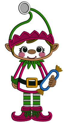 Boy Elf Wearing Santa Hat Holding Candy Applique Christmas Machine Embroidery Design Digitized Pattern