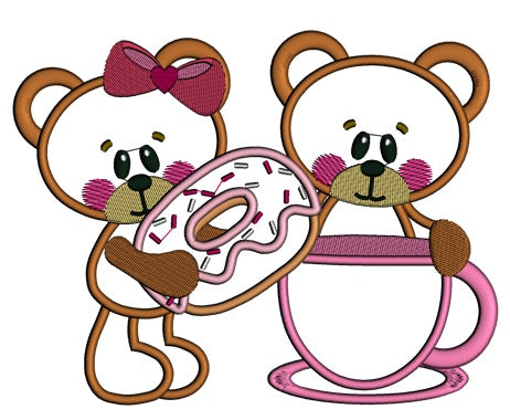 Boy and Girl Bear with a Doughnut Applique Machine Embroidery Digitized Design Pattern