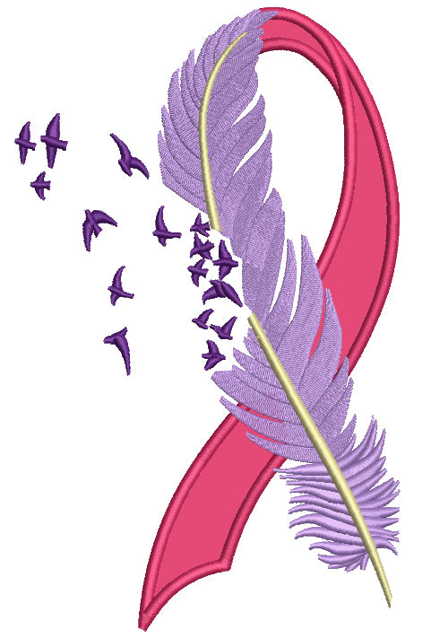 Breast Cancer Awareness Ribbon With A Feather Applique Machine Embroidery Design Digitized Pattern