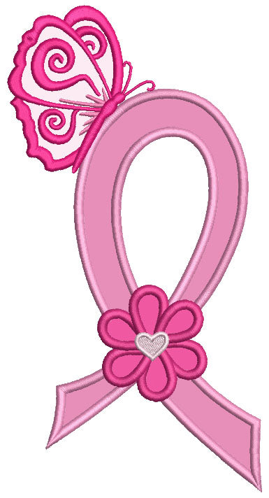 Breast Cancer Awareness Ribbon With Butterfly and Flower Applique Machine Embroidery Design Digitized Pattern