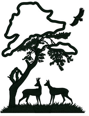Buck and a Doe Under a Big Tree Hunting Applique Machine Embroidery Digitized Design Pattern