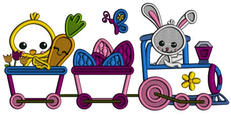 Bunny And Little Chick Riding Train Easter Applique Machine Embroidery Design Digitized Pattern