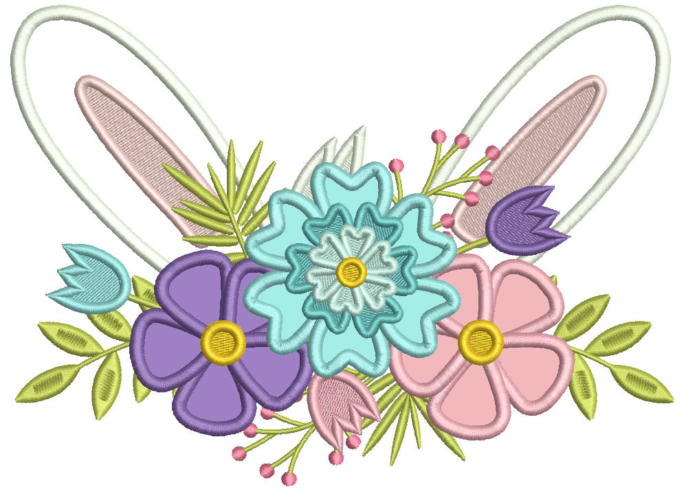 Bunny Ears And Flowers Easter Applique Machine Embroidery Design Digitized Pattern
