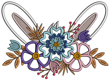 Bunny Ears And Flowers Easter Applique Machine Embroidery Design Digitized Pattern