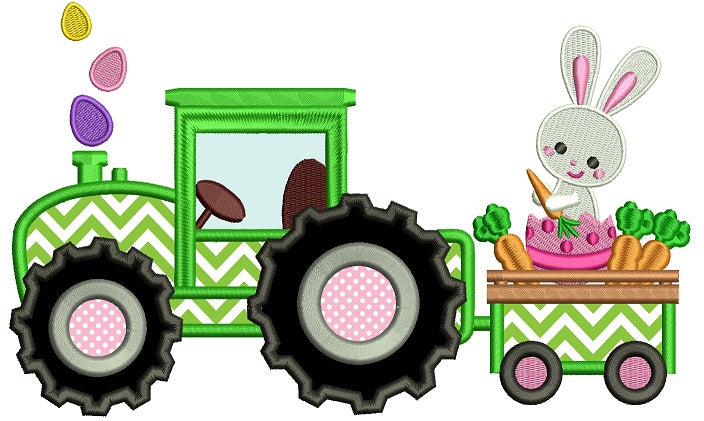 Bunny Rabbit on a Tractor Eating Carrots Applique Machine Embroidery Design Digitized Pattern