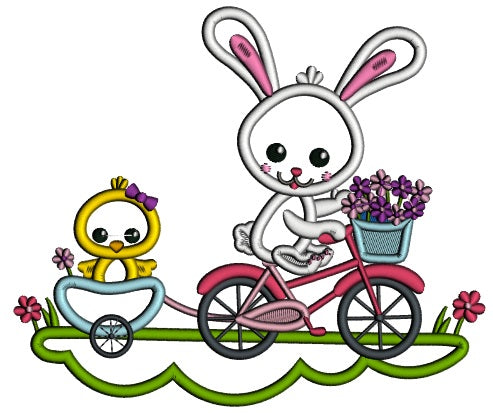 Bunny Riding A Bicycle With Little Chick Applique Easter Machine Embroidery Design Digitized Pattern