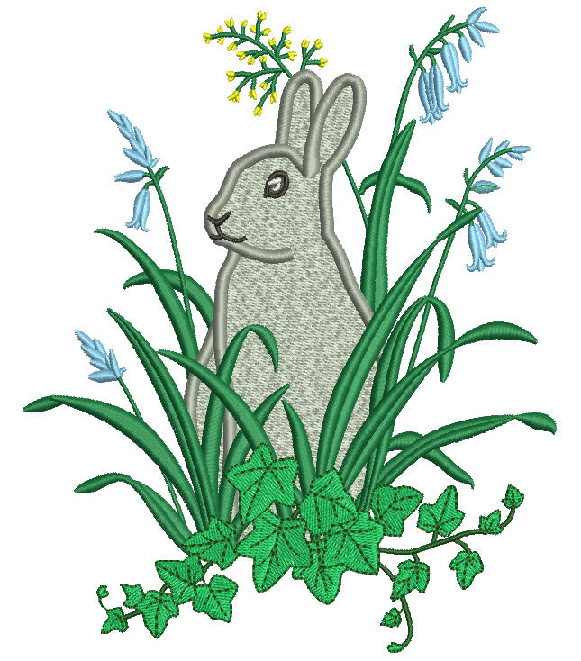 Bunny Sitting Behind Leaves And Flowers Easter Filled Machine Embroidery Design Digitized Pattern