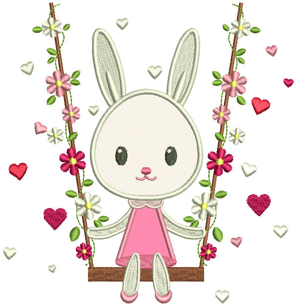 Bunny Swinging On A Swing With Flowers Applique Machine Embroidery Design Digitized Pattern