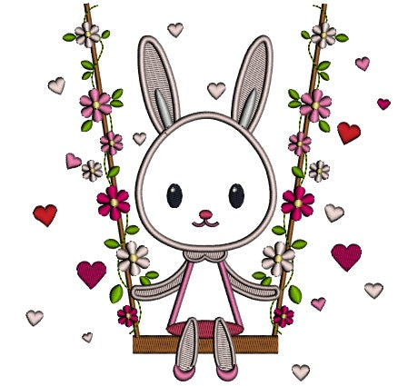 Bunny Swinging On A Swing With Flowers Applique Machine Embroidery Design Digitized Pattern