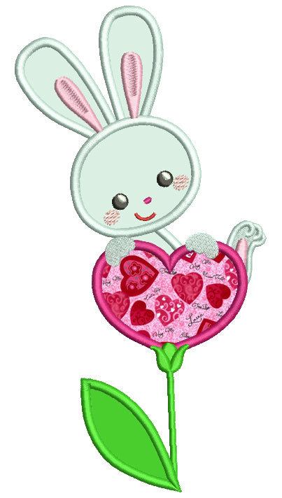 Bunny on a Heart Shaped Flower Applique Machine Embroidery Design Digitized Pattern