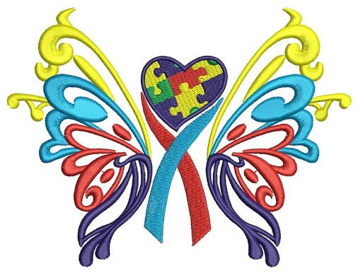 Butterfly Heart Autism Awareness Machine Embroidery Digitized Design Filled Pattern - Instant Download - 4x4 , 5x7, 6x10 -hoops