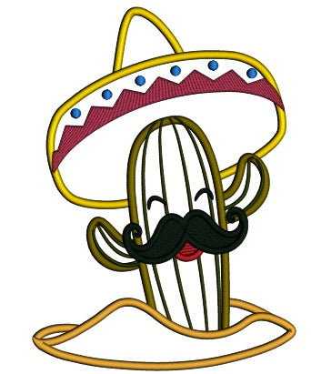 Cactus With Mustache Wearing Big Sombrero Hat Applique Cinco de Mayo Machine Embroidery Design Digitized Pattern