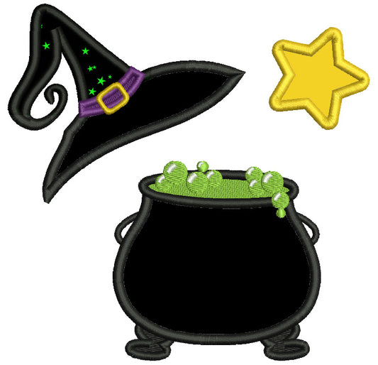 Caldring With a Big Witch's Hat And a Star Halloween Applique Machine Embroidery Design Digitized Pattern