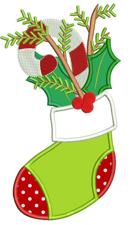 Candy Cane in a Christmas Stocking Applique Machine Embroidery Design Digitized Pattern